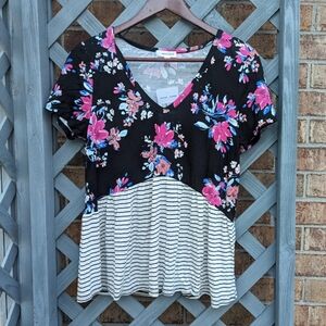 Eyeshadow juniors Mixed Print Floral Stripe Babydoll Tee